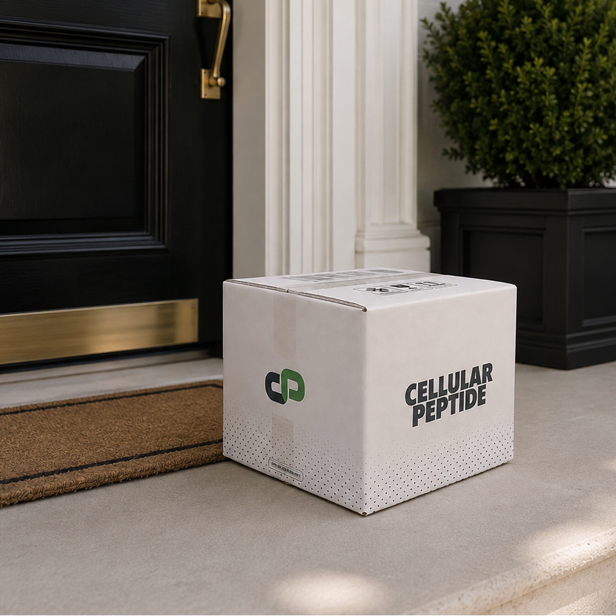 A white cardboard box labeled 'CELLULAR PEPTIDE' with a green and white logo sits on the front steps of a house porch next to a black door and potted plants.